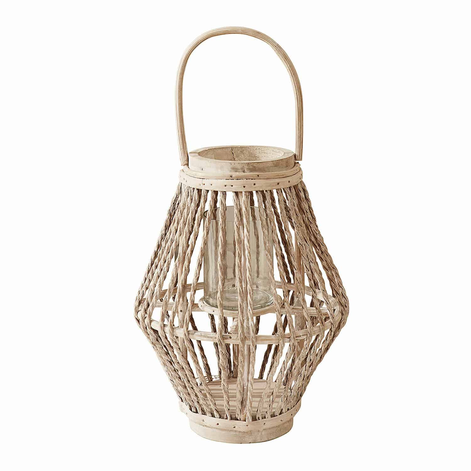 Laterne Nansen Laterne aus natürlichem Rattan in Beige mit Griff und Glaseinsatz für Kerzenlicht