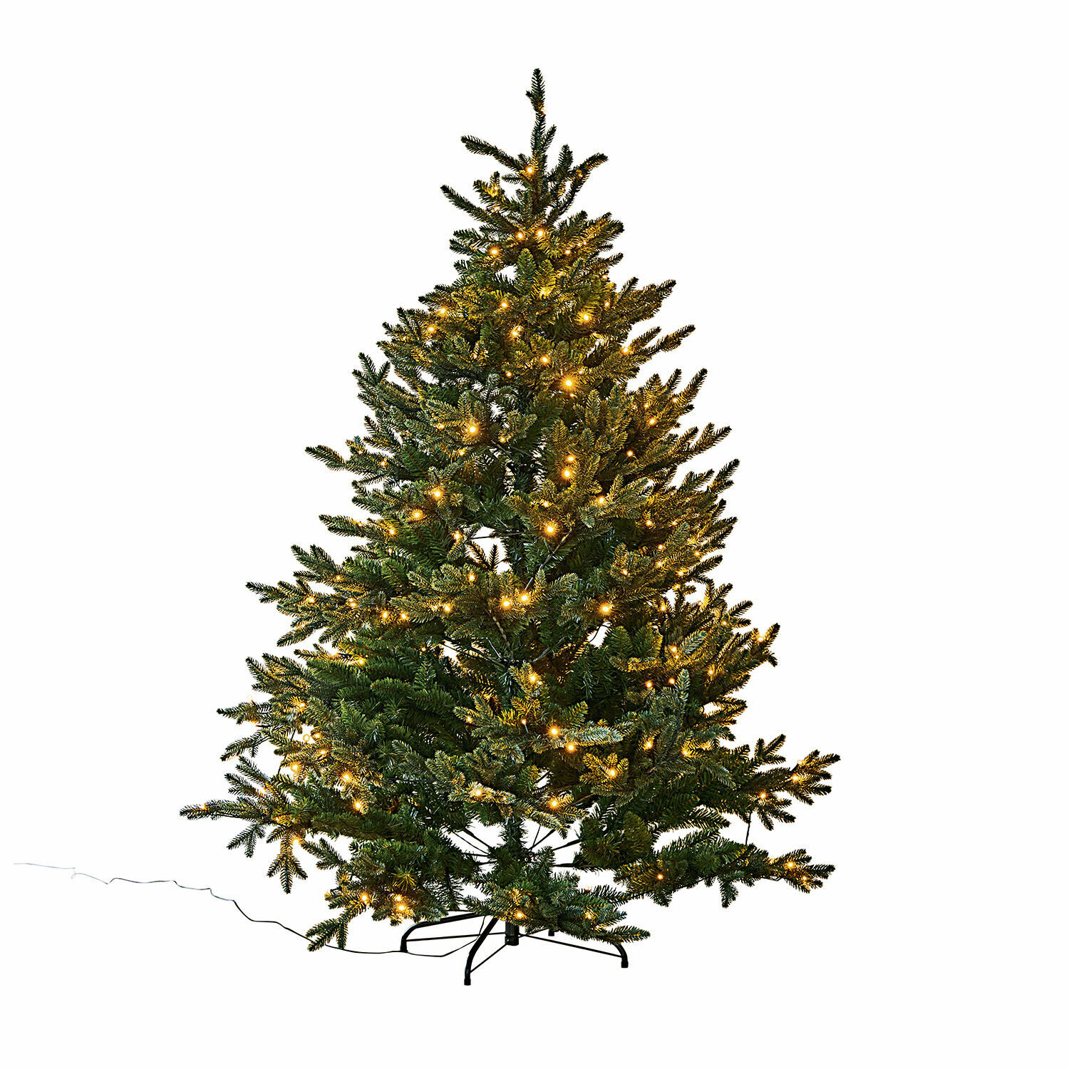 Künstlicher grüner Weihnachtsbaum mit warmweissen LED-Lichtern auf Metallständer für festliche Dekoration