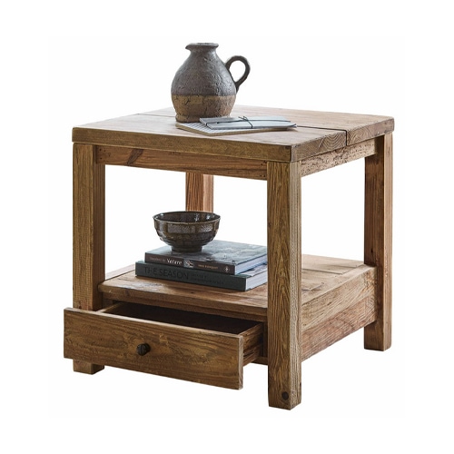 Quadratischer Beistelltisch aus Holz mit Schublade und Ablage, naturfarbener Wohnzimmertisch