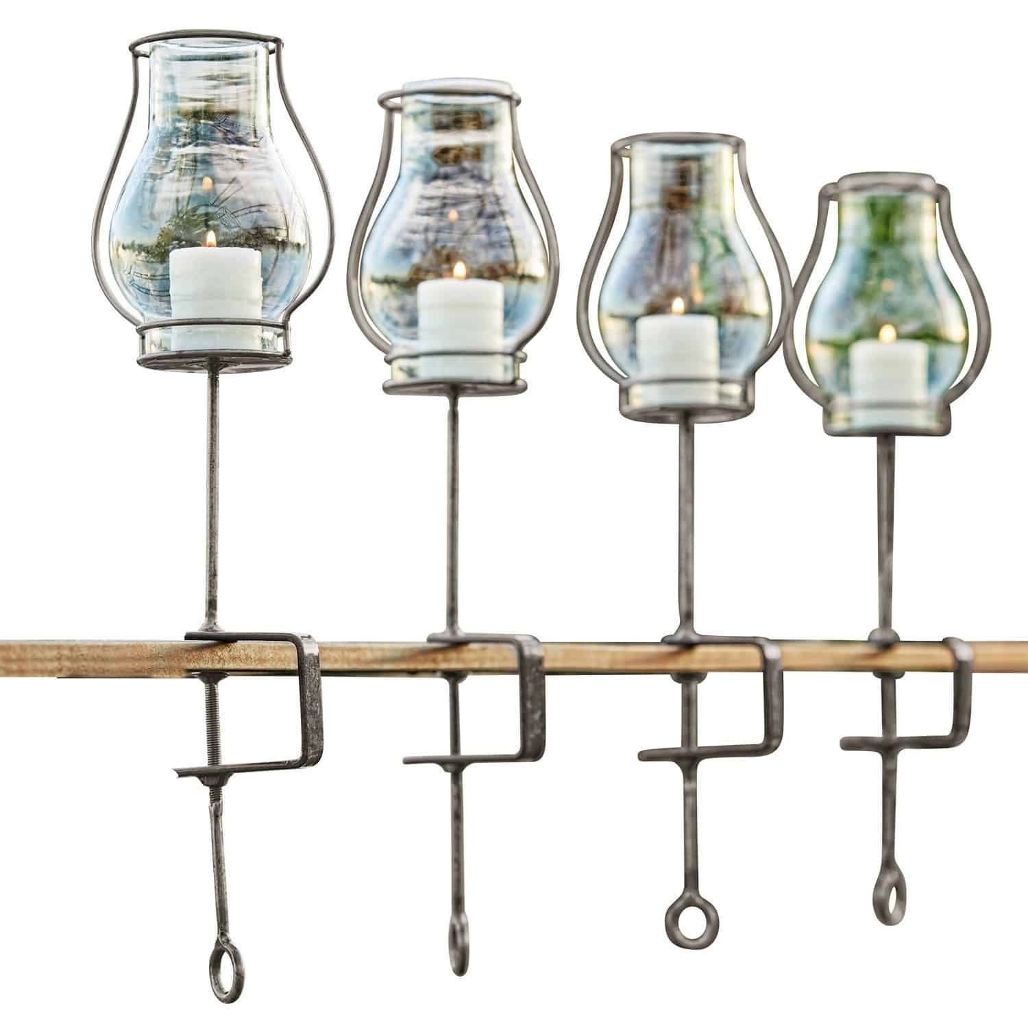 Windlicht 4er Set Calindra Vier Metall-Kerzenhalter mit klarem Glas und weissen Kerzen zum Klemmen an Kanten