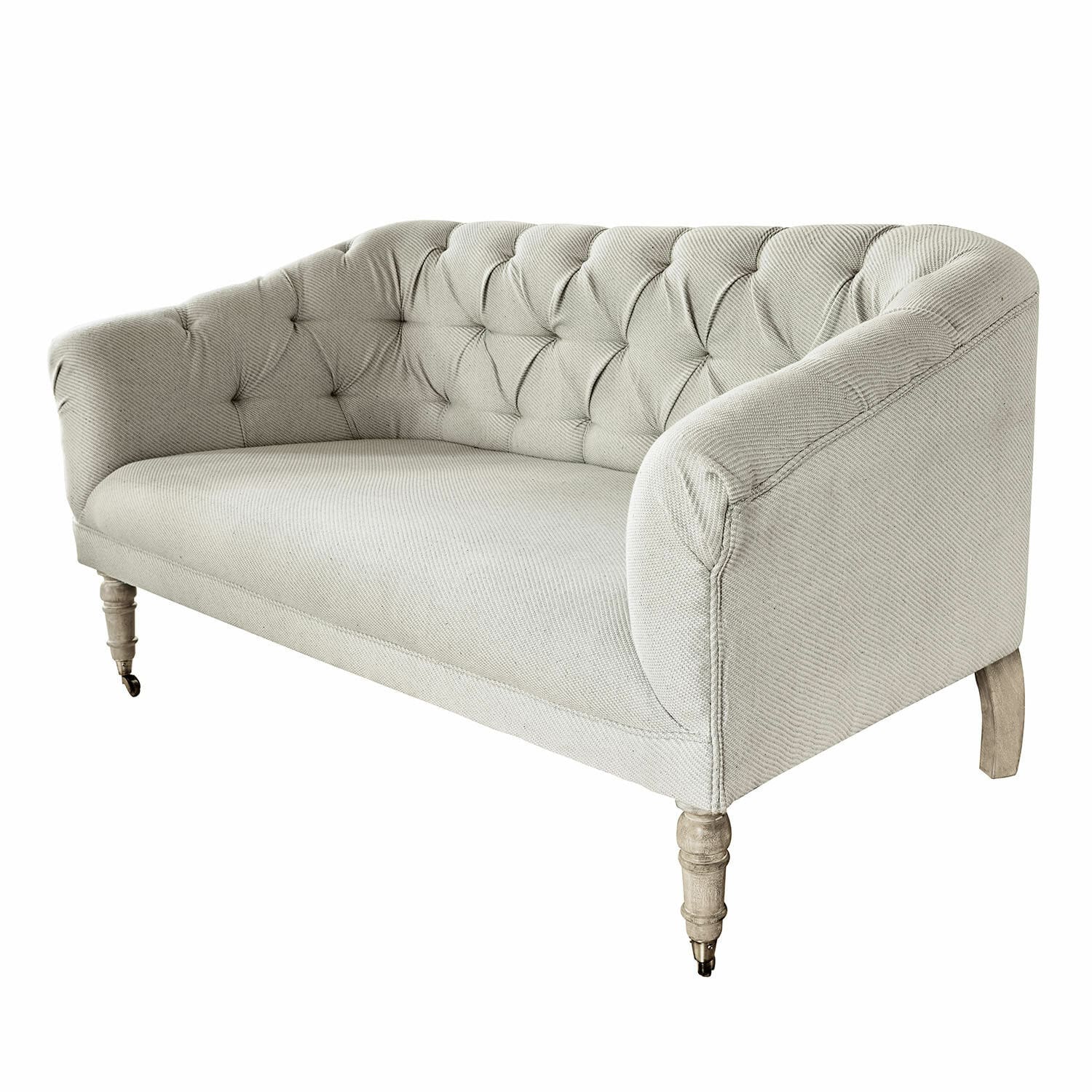 Sofa Vouilly in Creme aus Stoff mit gesteppter Rückenlehne und Holzbeinen, elegantes Wohnzimmermöbel.