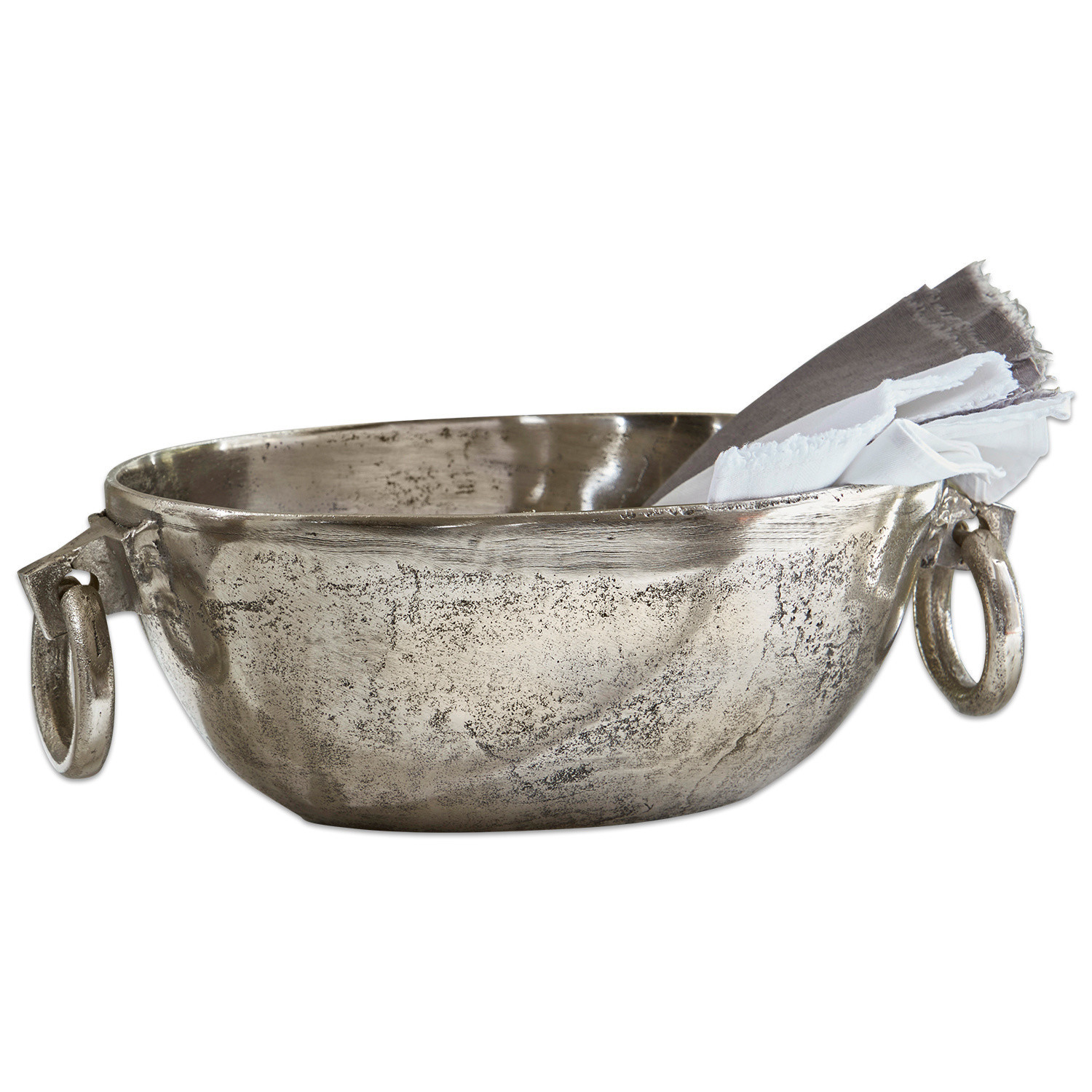 Dekorative Metallschale in Silber mit Griffen und Leinenservietten im rustikalen Stil