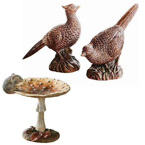 Dekorative Vogelfiguren und Pilzschale mit Mausmotiv in braunen Farbtönen