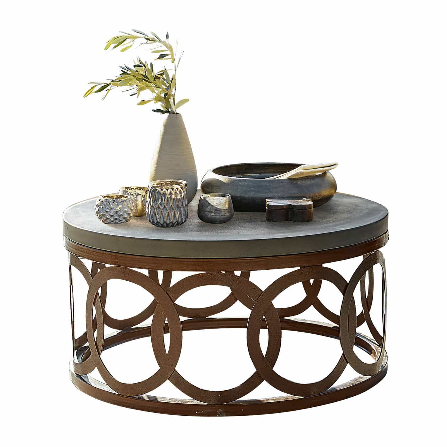 Couchtisch Boécourt Runder Couchtisch mit rostfarbener Metallbasis und Betonplatte, dekorative Accessoires darauf