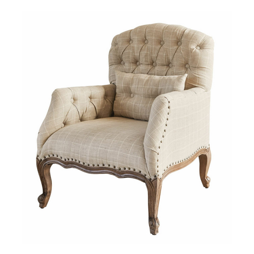Beiger Polsterstuhl mit Holzrahmen und gesteppter Rückenlehne im eleganten Vintage-Stil
