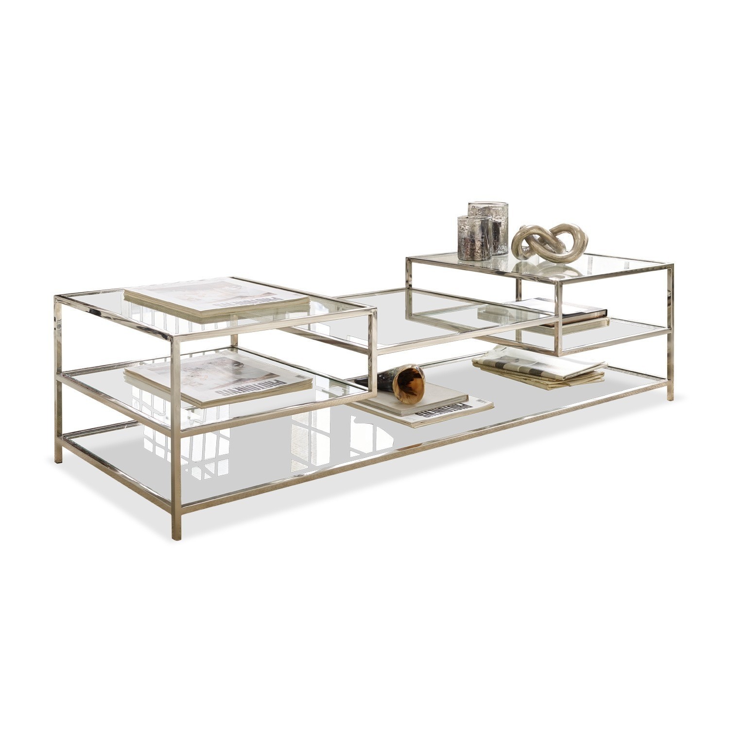 Couchtisch Byllis Moderner Couchtisch aus Glas und silbernem Metall mit Ablagen für Bücher und Dekorationen
