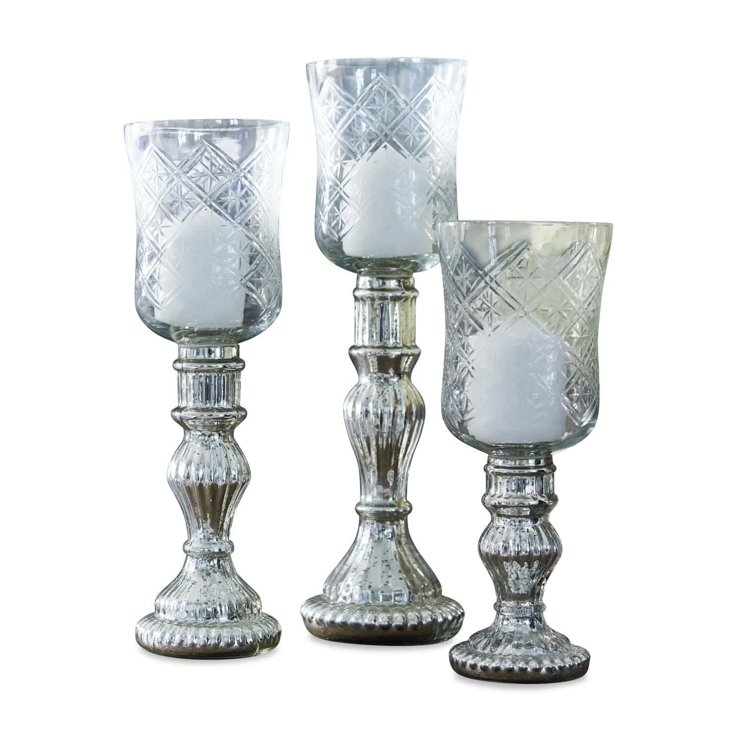 Windlicht 3er Set Celestin Drei dekorative Glas-Kerzenhalter mit weissen Kerzen und silberner, verzierter Basis