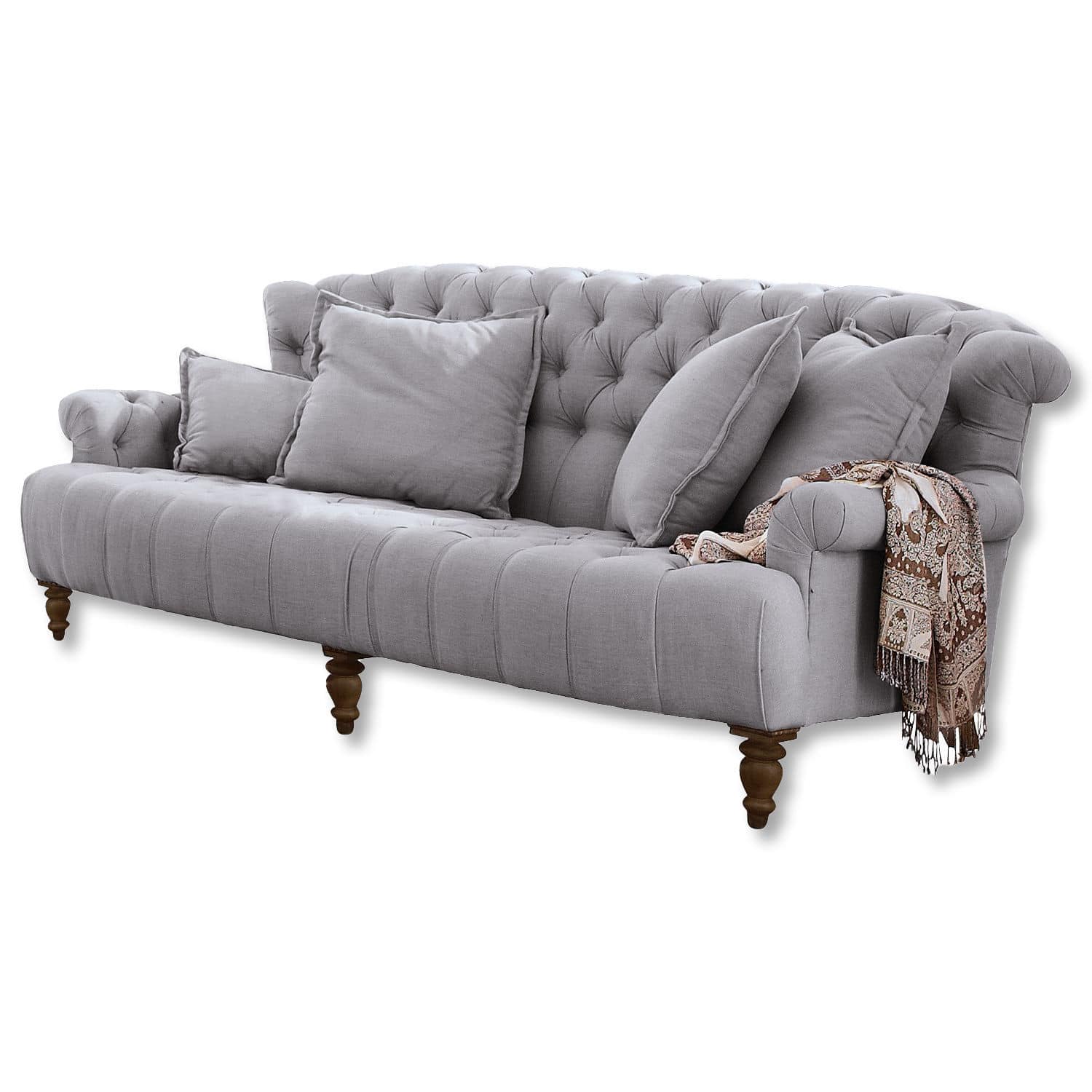 Sofa Springfield Village Grau gepolstertes Sofa aus Stoff mit gestepptem Rücken und Holzbeinen, dekorativer Schal