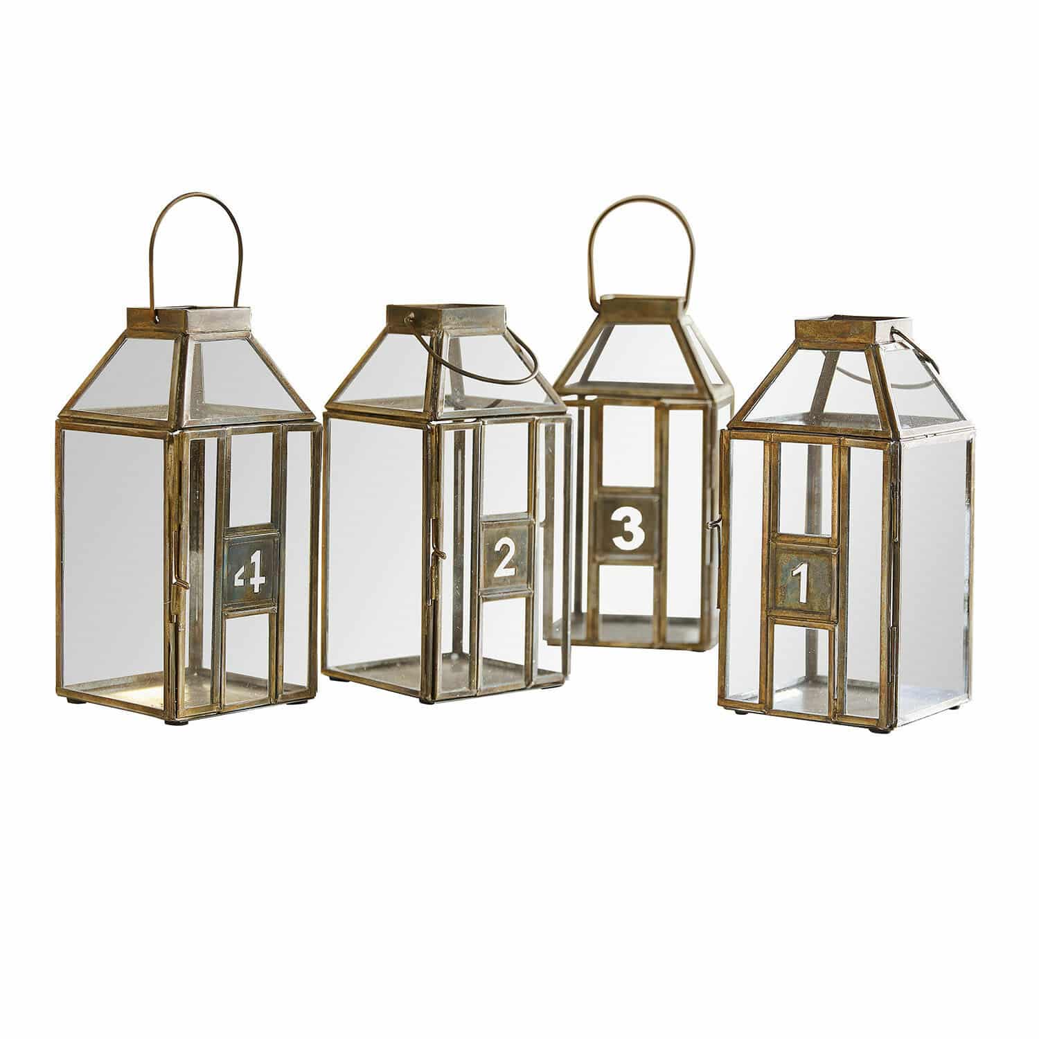 Laterne 4er Set Lythoria Set aus vier Laternen aus Metall mit klarem Glas und den Zahlen 1 bis 4 in messingfarbener Optik