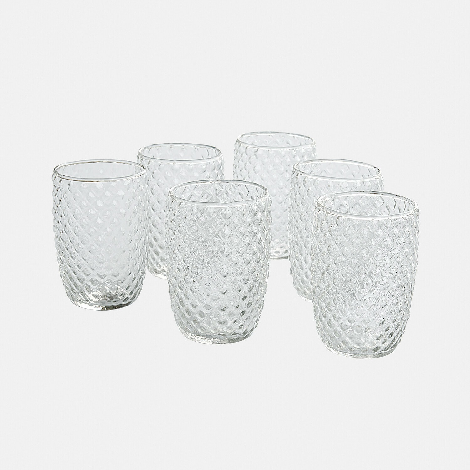 Set mit sechs transparenten Gläsern aus strukturiertem Glas mit Diamantmuster für Getränke
