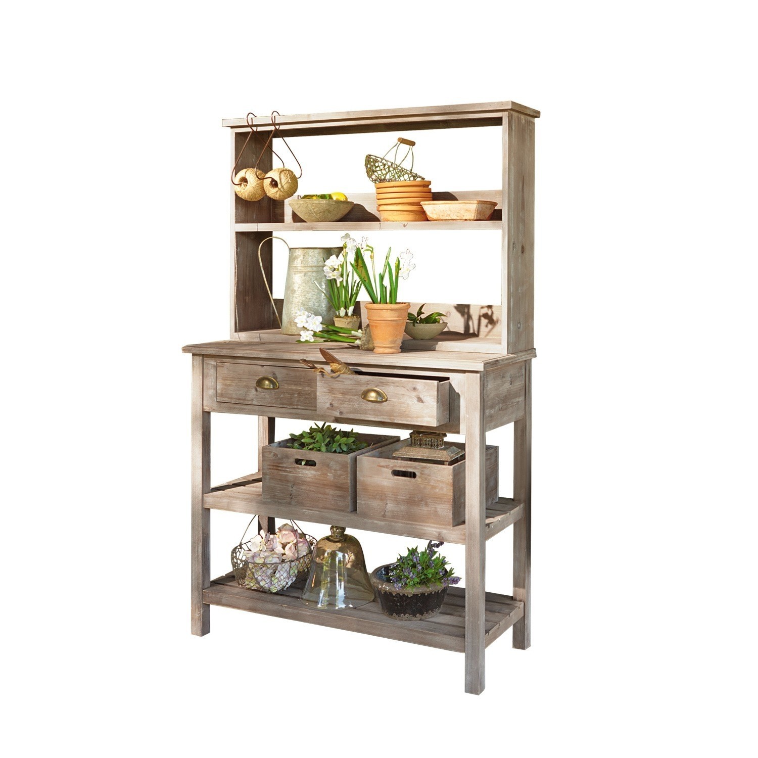 Regal Landover Holz-Gartenschrank mit Regalen und Schubladen, dekoriert mit Blumentöpfen und Gartengeräten