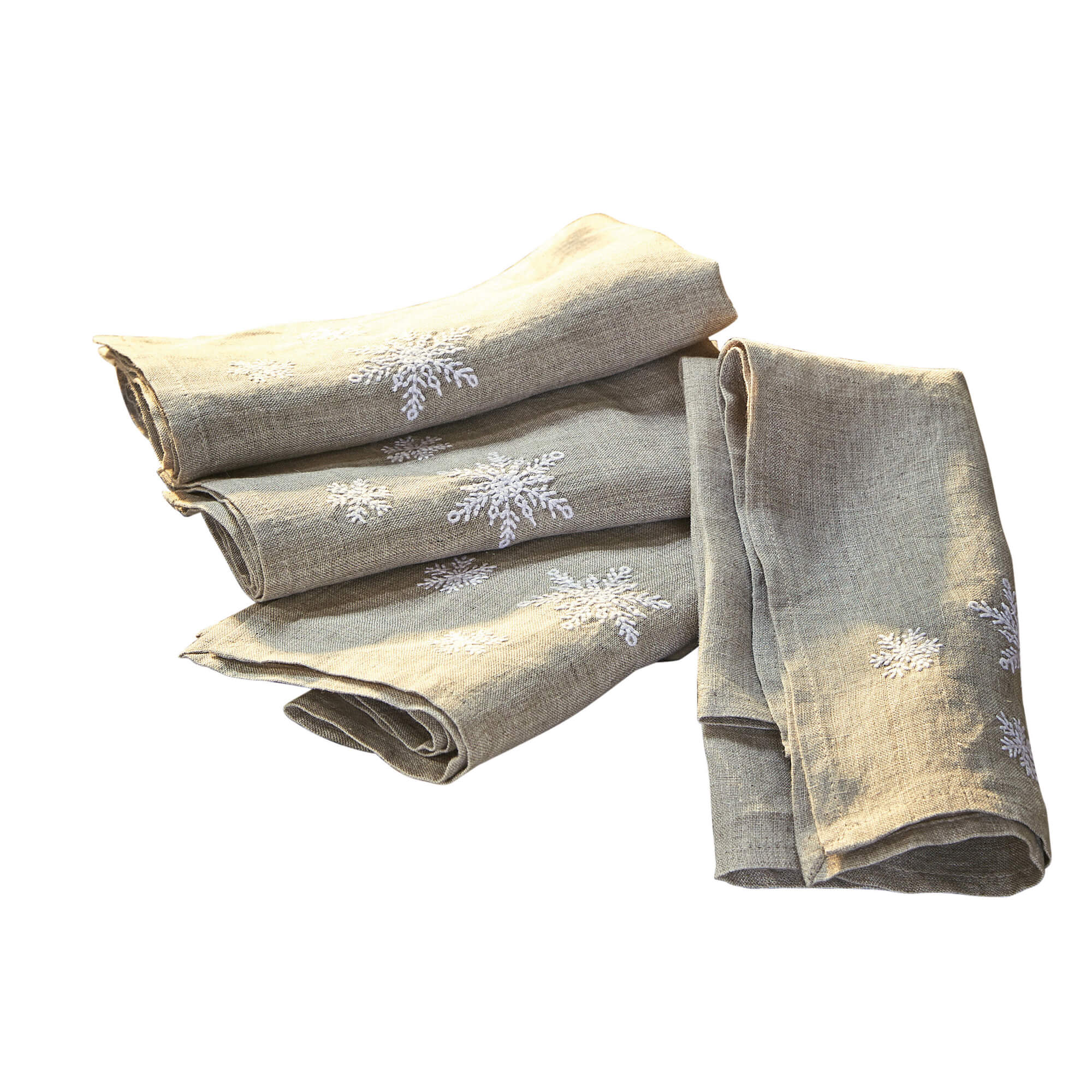 Beige Leinenservietten mit weissen Schneeflocken-Stickereien, winterliche Tischdekoration