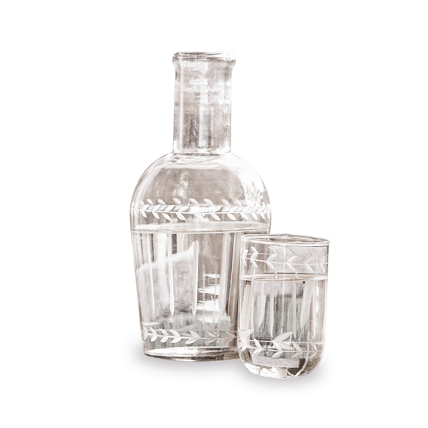 Karaffe Mardor Transparente Glaskaraffe und Glas mit graviertem Blattmuster für Getränke