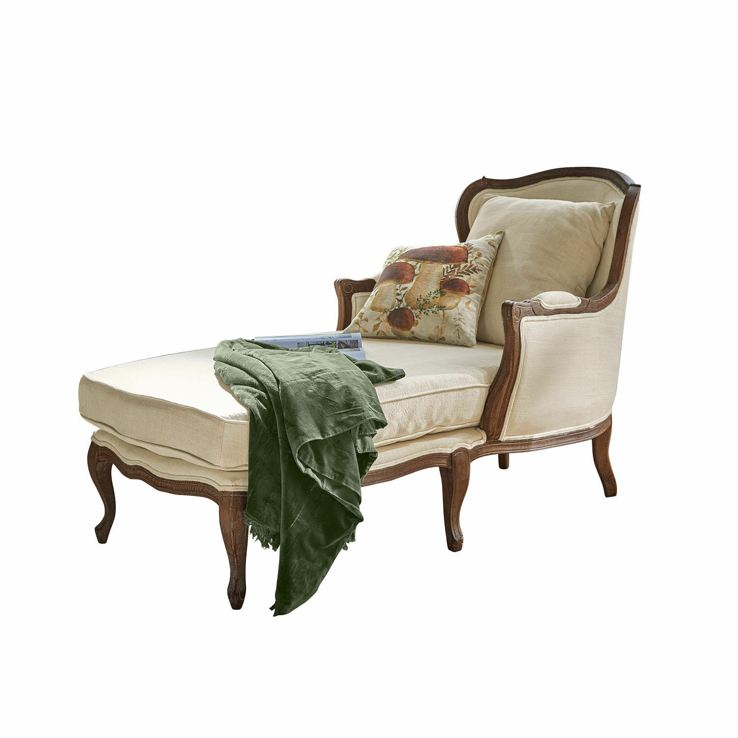 Chaiselongue Muel Elegante Chaiselongue mit beigem Stoffbezug und Holzrahmen, grünem Überwurf und Kissen mit Pilzmotiv