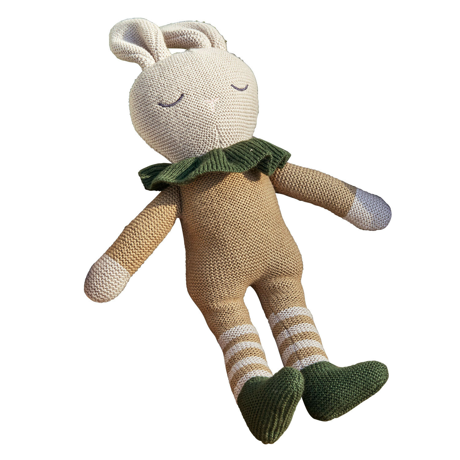 Weiches gestricktes Hasenstofftier in Beige und Grün, Kuscheltier für Kinder