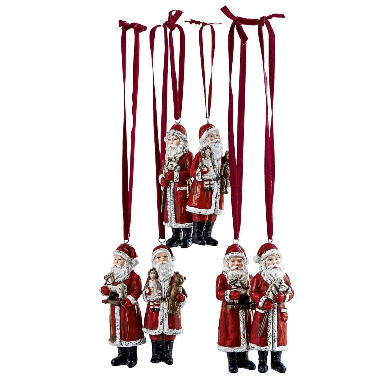 Weihnachtsmann 6er Set Corvin Set aus roten Weihnachtsmann-Dekorationen aus Material mit Bändern zum Aufhängen