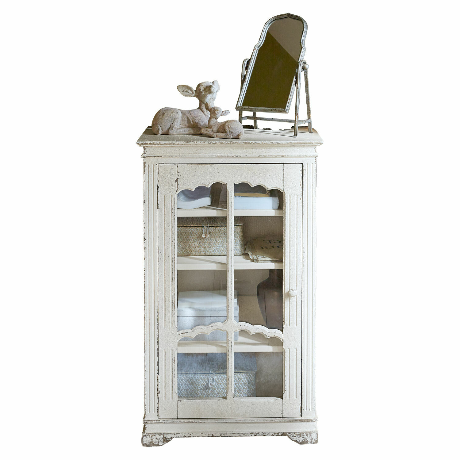 Schrank Querisette Weisse Holzvitrine mit Glastür und dekorativen Figuren auf dem Ablagefach, Vintage-Stil