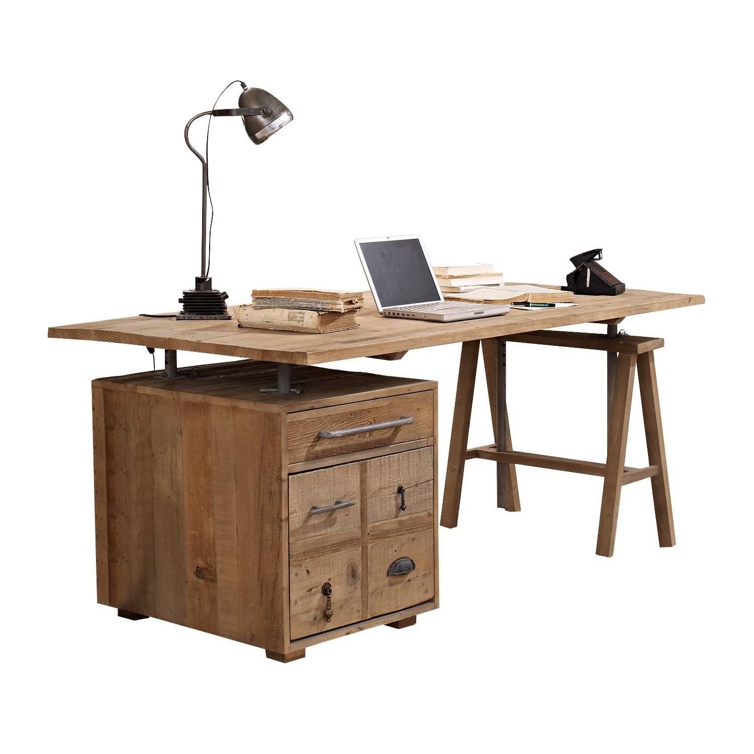 Schreibtisch Dawson Schreibtisch aus Massivholz mit Schubladen und Metalllampe, natürliche Farbe, Möbelstück