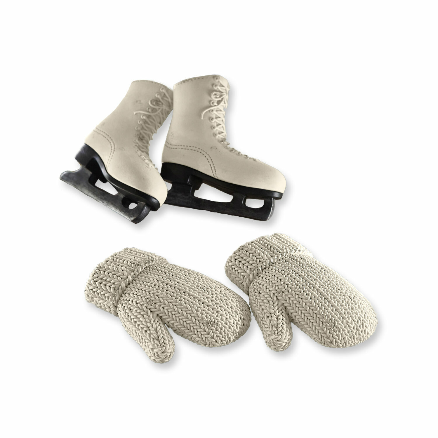 Anhänger 4er Set Collines Weisse Leder-Eislaufschuhe mit beigen gestrickten Fausthandschuhen, Winterzubehör für den Eissport