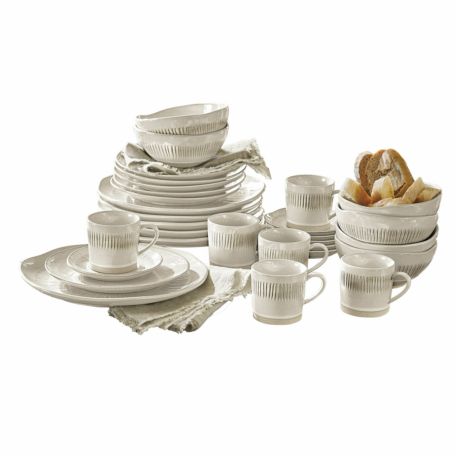 Geschirr 30er Set Périers Set aus cremefarbener Keramik mit Tassen und Schalen, ideal für den täglichen Gebrauch und die Tischdekoration