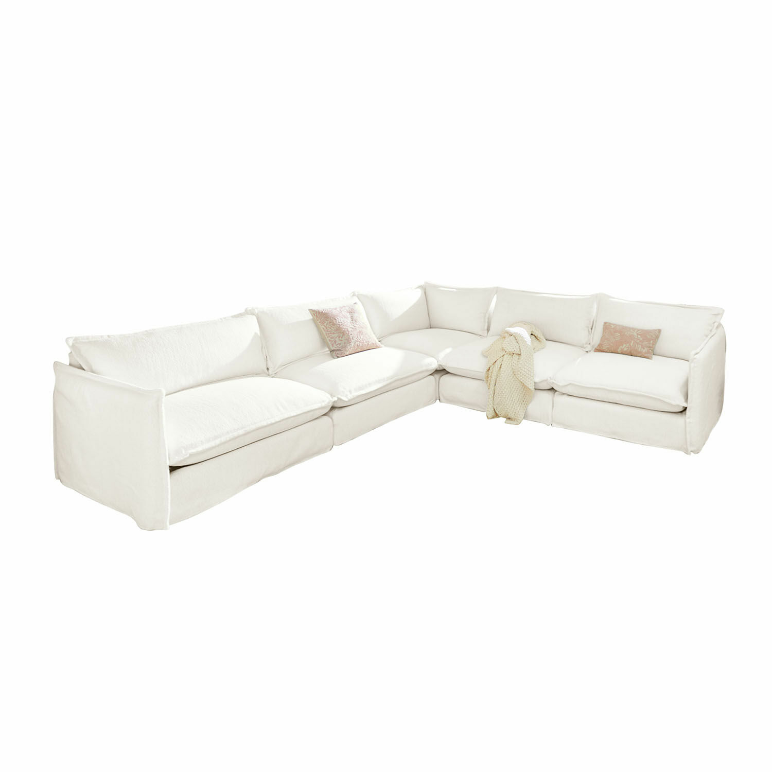 Sofa Illingworth Grosses hellbeiges Ecksofa mit Kissen und weicher Decke für ein gemütliches Wohnzimmer