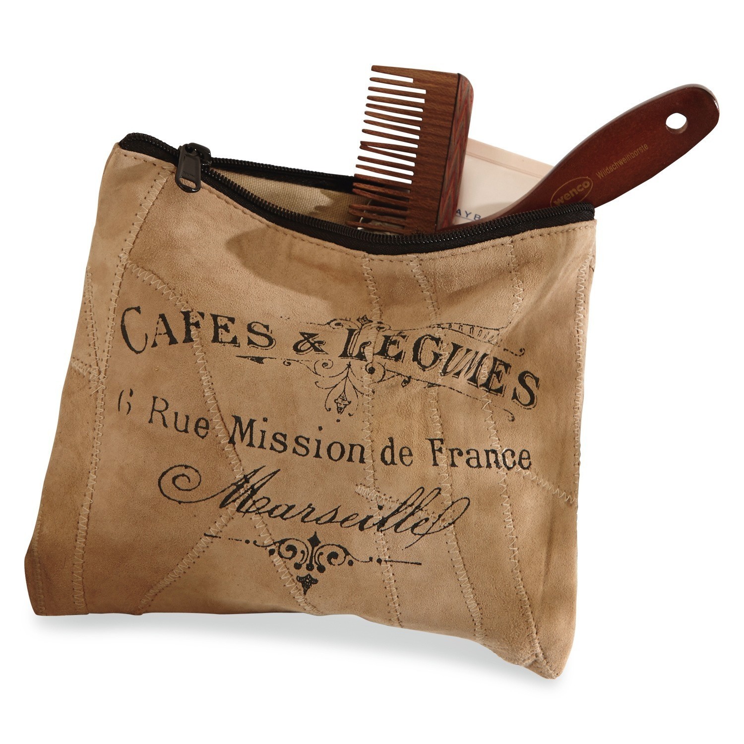 Täschchen Jeannice Beige Leder-Kosmetiktasche mit französischem Schriftzug und schwarzem Reissverschluss