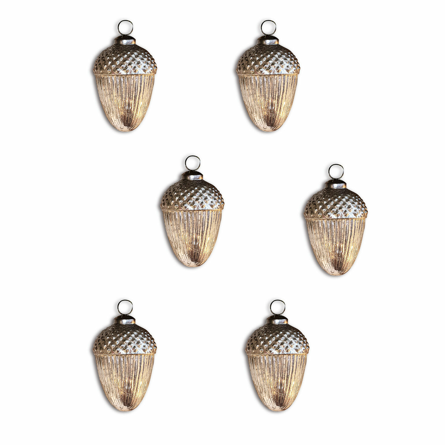 Weihnachtsschmuck 6er Set Gland Sechs dekorative Glasanhänger in Form einer Eichel in Silber für festliche Weihnachtsdekoration