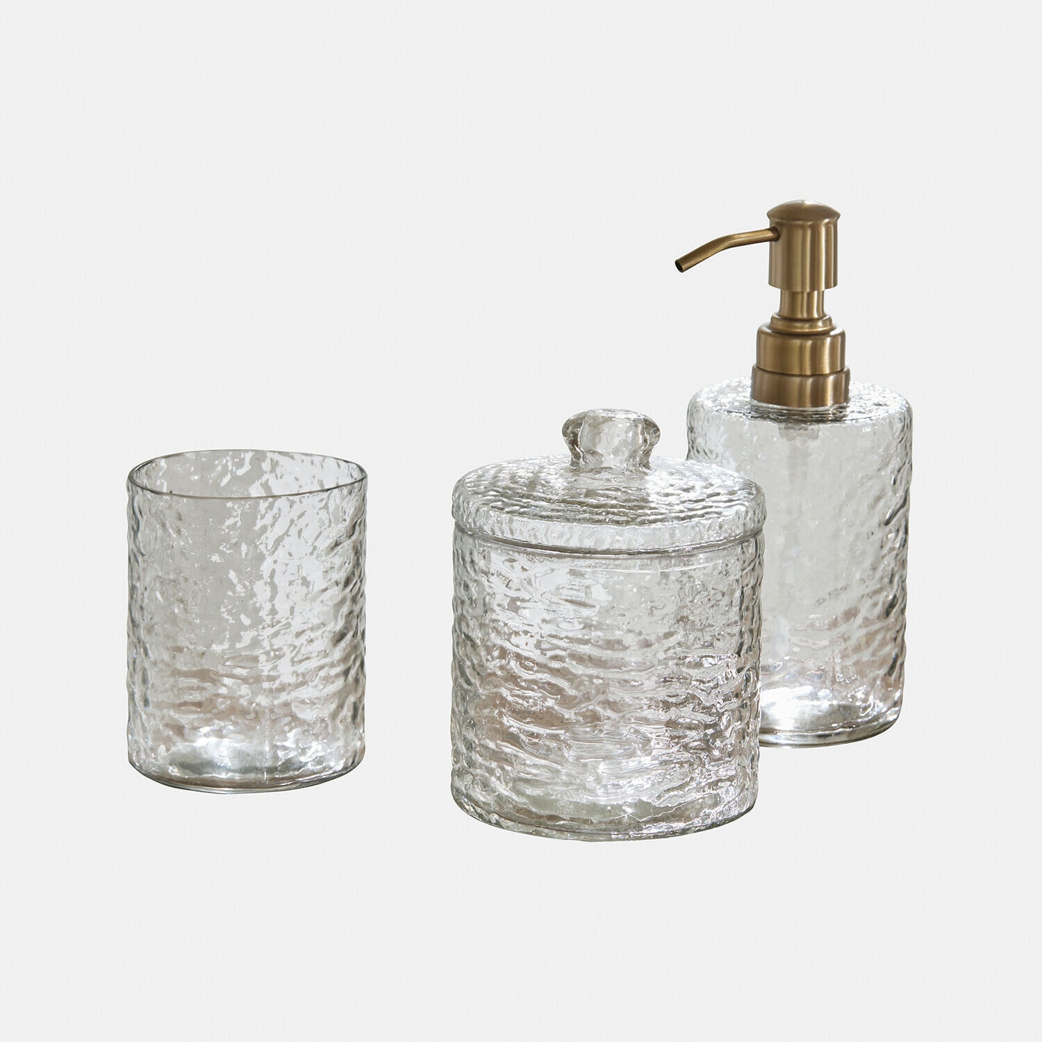 Transparentes Glas-Badezimmer-Set mit Spender und Deckelbehälter mit strukturierter Oberfläche