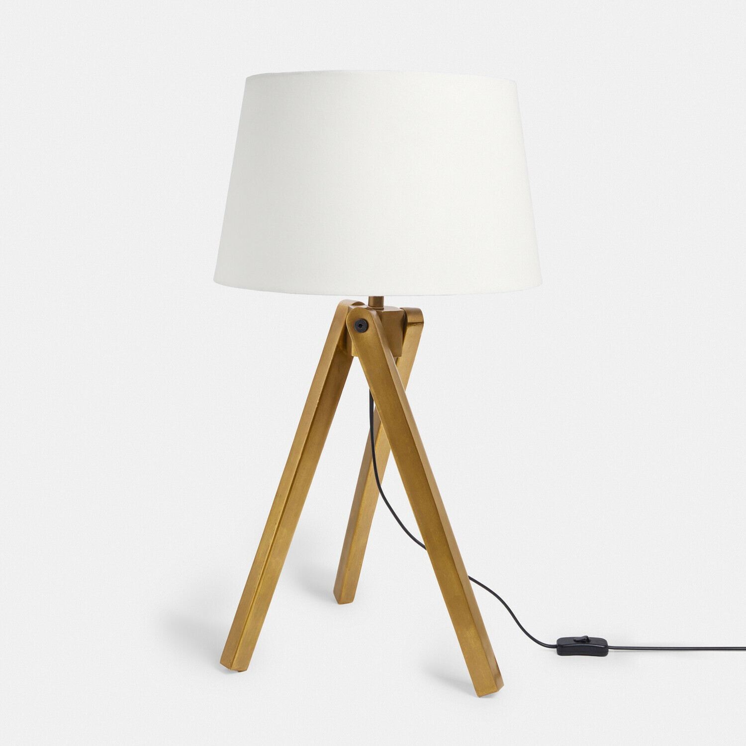 Tischlampe Kelvio Tischlampe mit weissem Lampenschirm und goldfarbenem Holz-Dreibeinfuß für Wohnzimmer