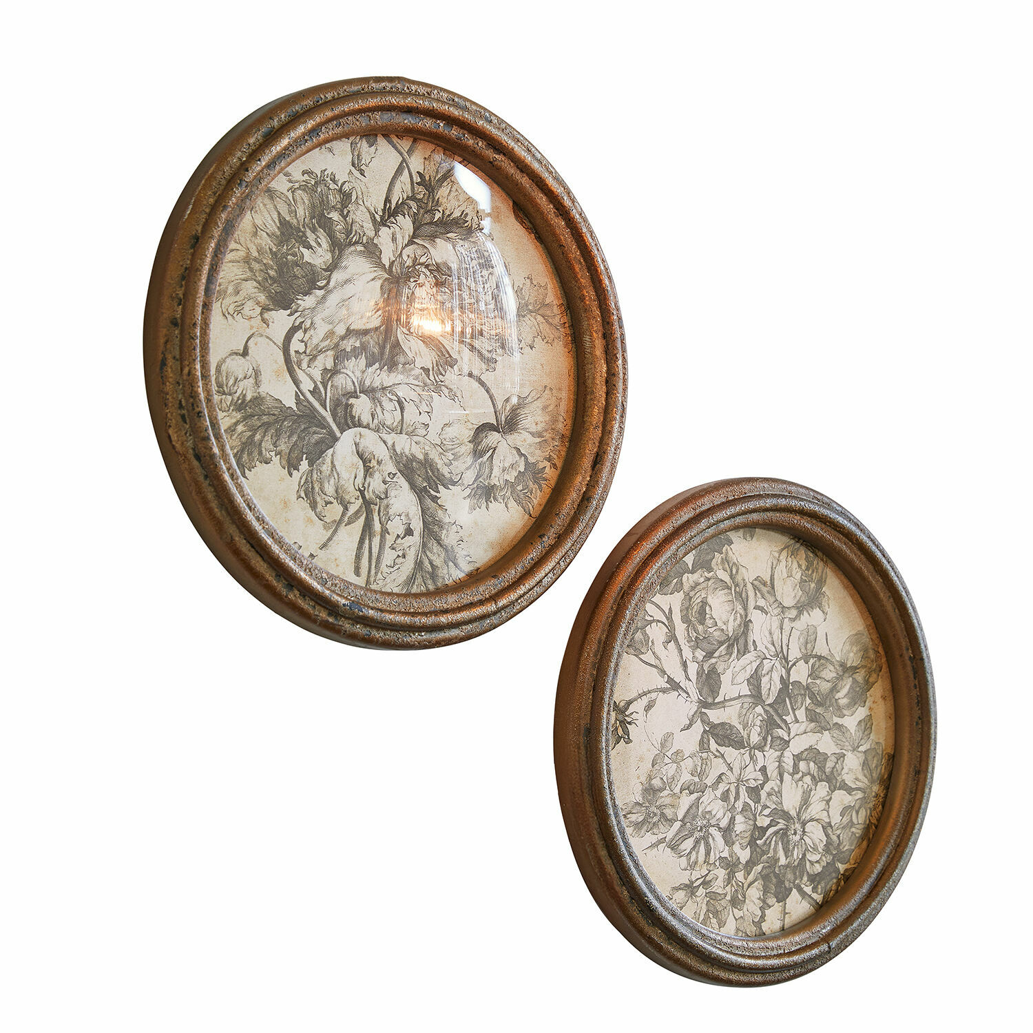 Bild 2er Set Phaurette Zwei ovale braune Metallrahmen mit schwarz-weissen Blumenillustrationen zur Wanddekoration