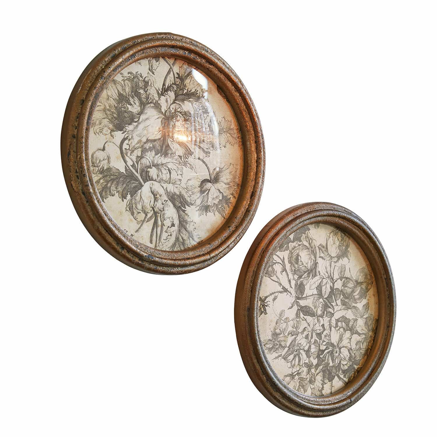 Bild 2er Set Phaurette Zwei ovale braune Metallrahmen mit schwarz-weissen Blumenillustrationen zur Wanddekoration
