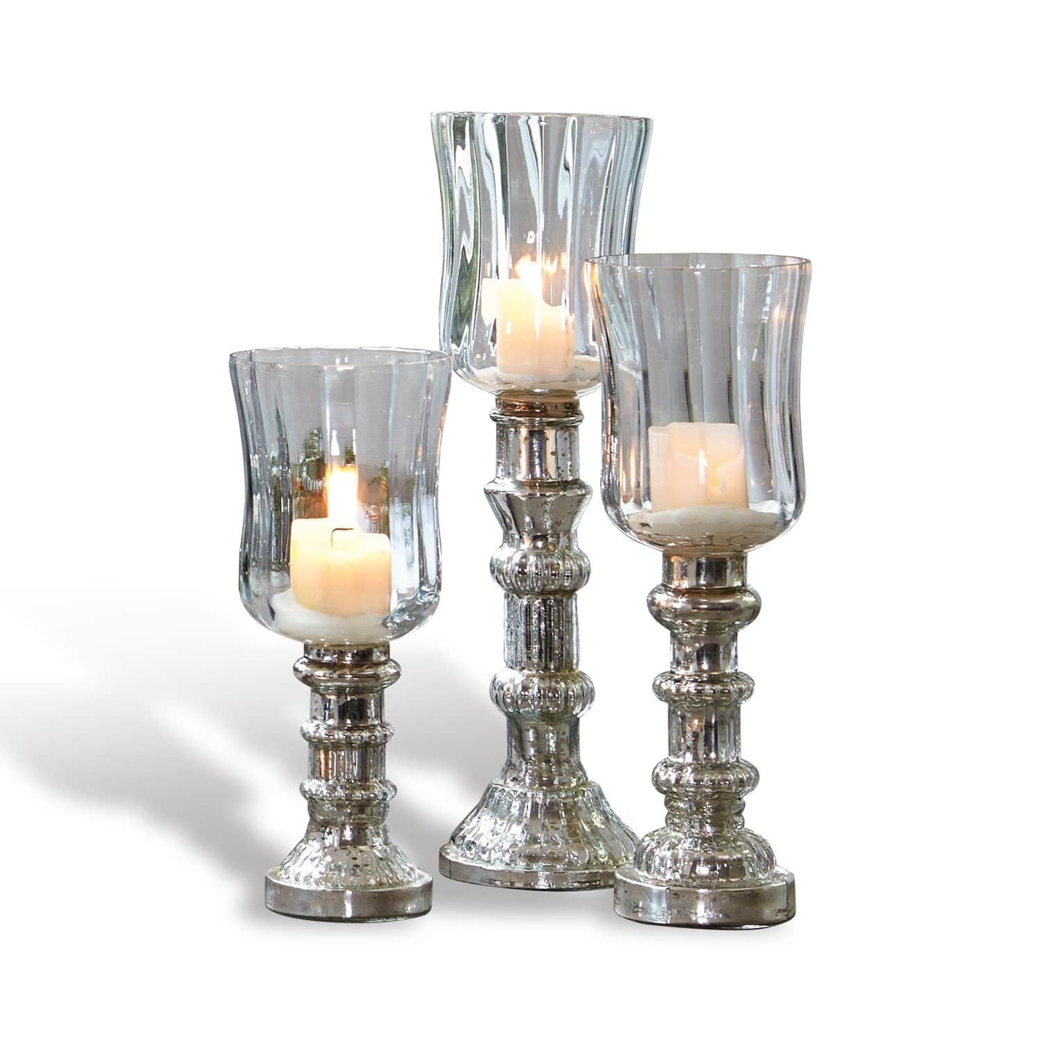 Windlicht 3er Set Fréjeville Set aus drei Glas-Kerzenhaltern mit silberner Metallbasis zur Wohnraumdekoration