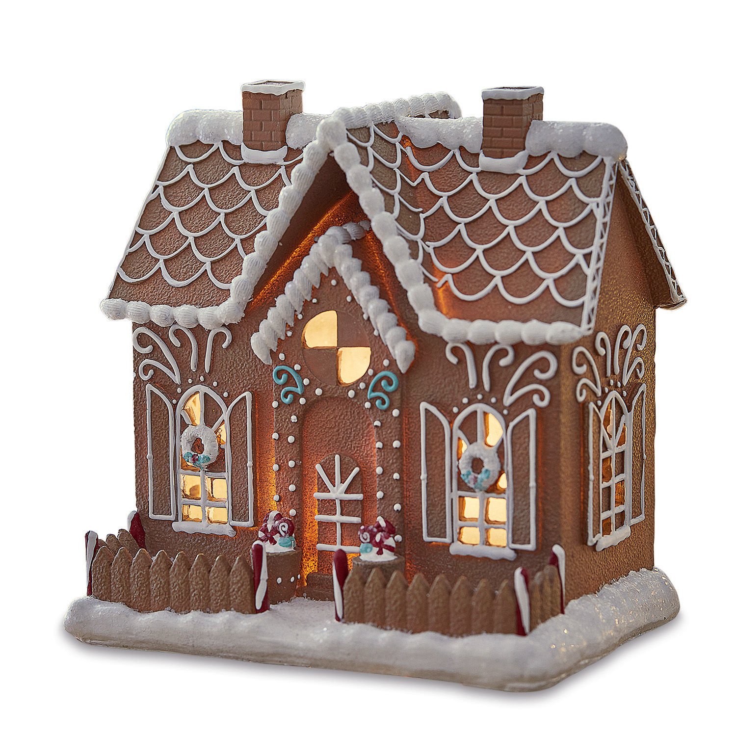 Dekohaus Listras Dekoratives Lebkuchenhaus mit Beleuchtung, braun mit weissen und bunten Verzierungen, Weihnachtsdekoration