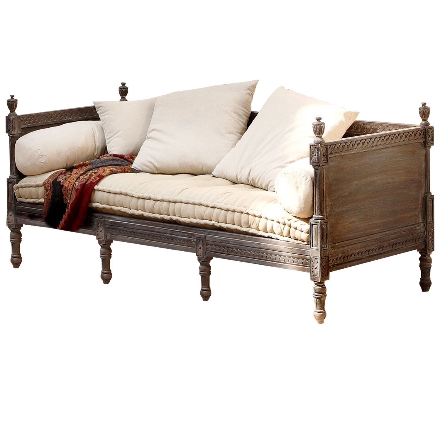 antikbraun/creme Sofa Douville mit graubraunem Holzrahmen, cremefarbenen Kissen und gepolstertem Sitz für gemütliches Wohnen.