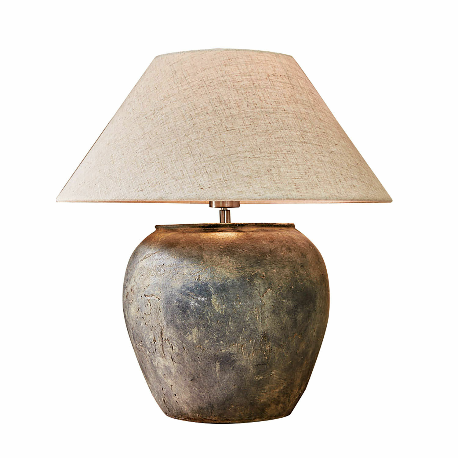 Tischlampe Shiva Tischlampe mit grauer, antik wirkender Keramikbasis und beigem Stoffschirm