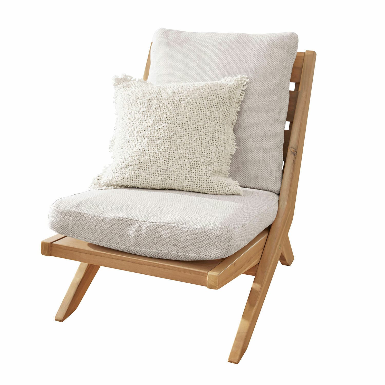 Loungestuhl FSC®-100% Montivaux Stuhl aus hellem Holz mit cremefarbenem Polster und dekorativem Kissen aus Stoff, Wohnzimmermöbel