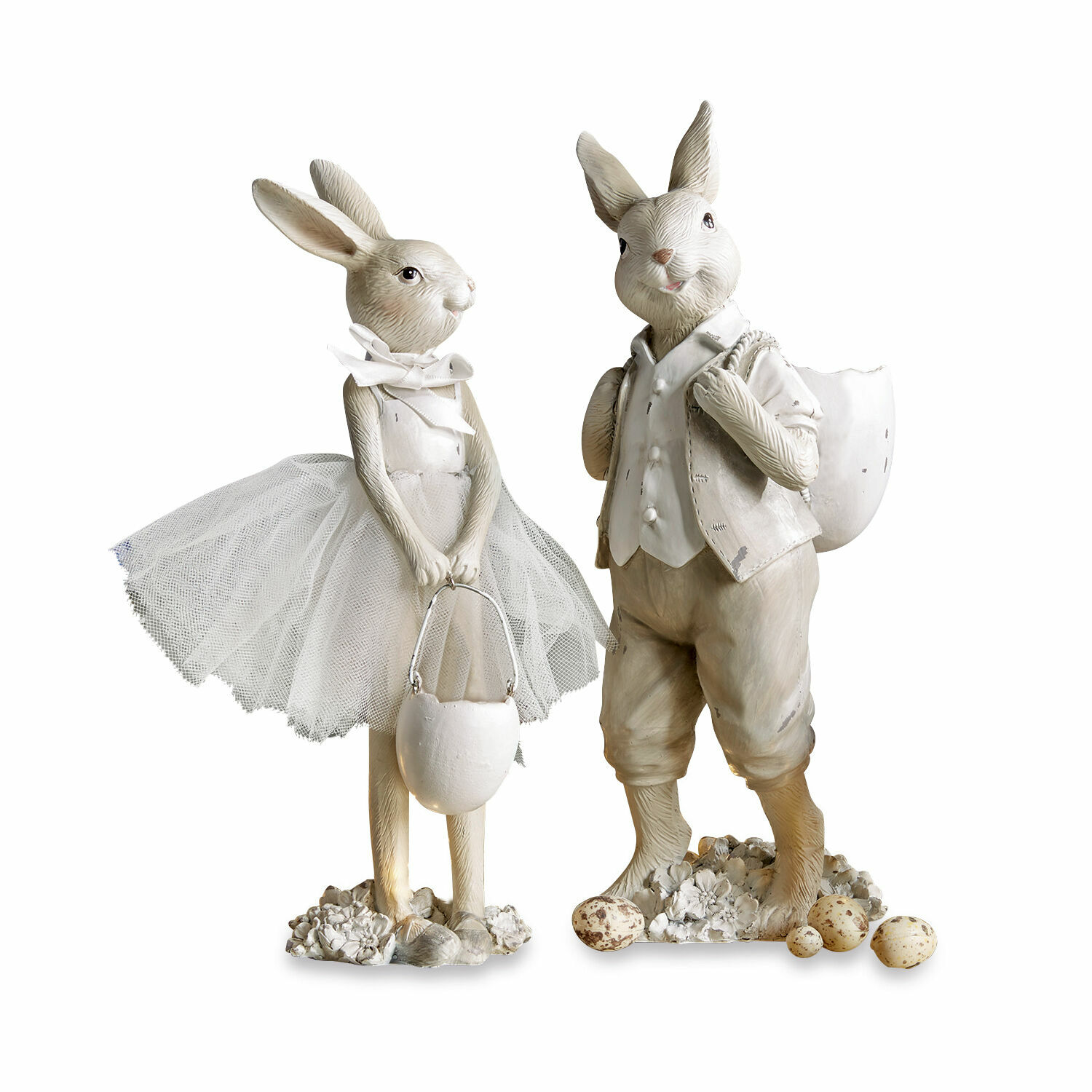 Hase 2er Set Perpignan Hasenfiguren aus Kunststoff in beiger Kleidung mit Tüllrock und Ostereierkorb als Dekoration