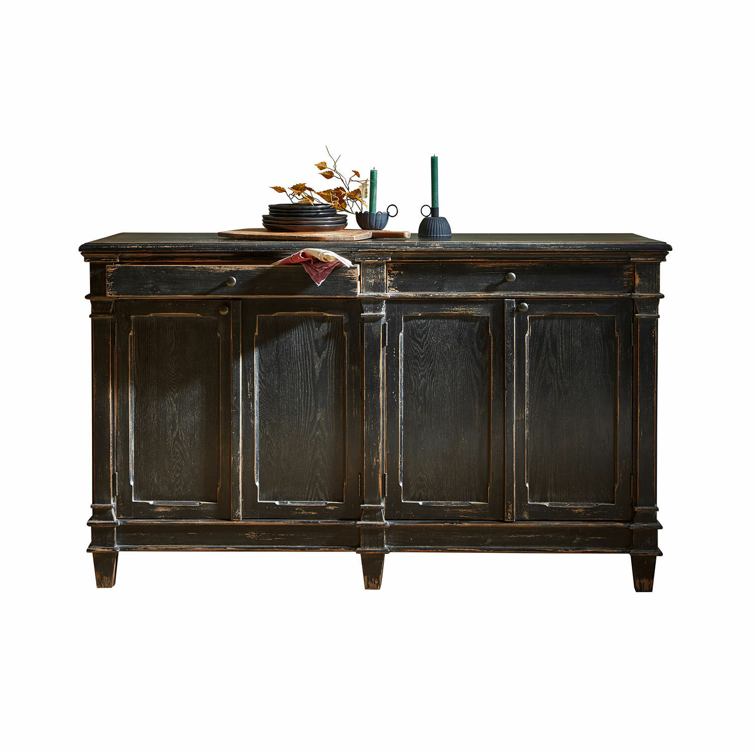 Sideboard Chaveline Schwarze Holzkommode mit Used-Look und vier Türen im Vintage-Stil fürs Wohnzimmer