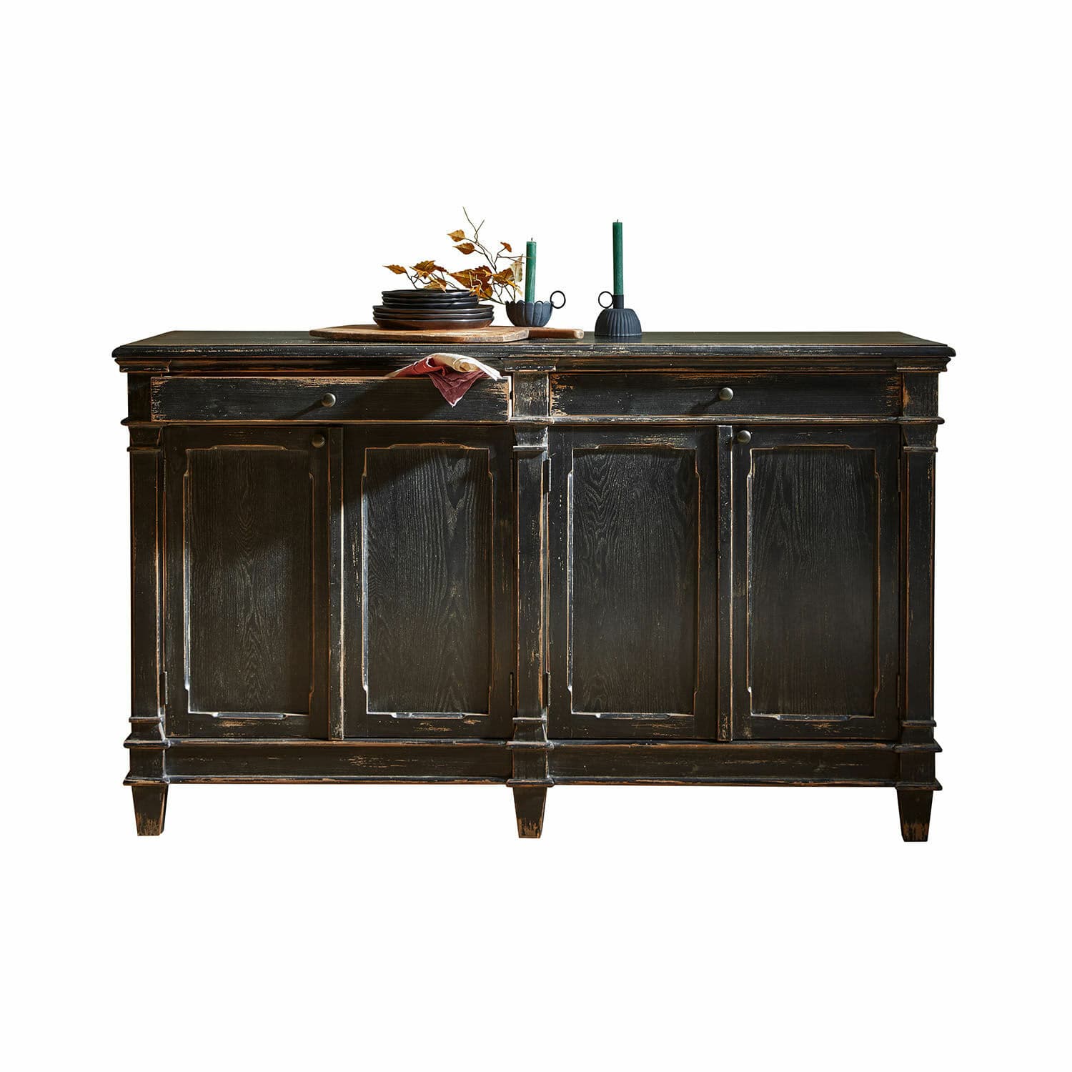 Sideboard Chaveline Schwarze Holzkommode mit Used-Look und vier Türen im Vintage-Stil fürs Wohnzimmer