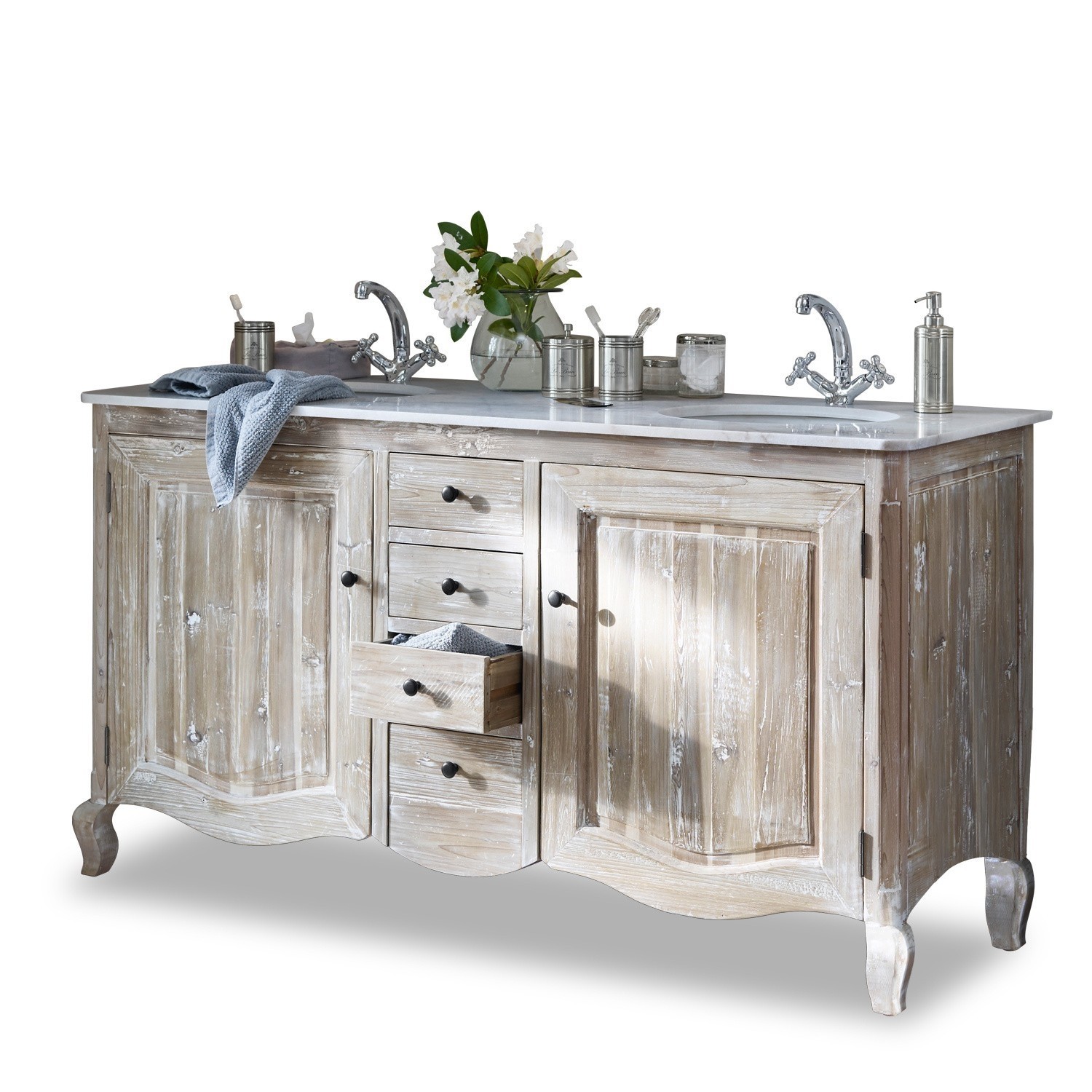 Doppelwaschtisch Herrick Holz-Badezimmerschrank mit weisser Arbeitsplatte und zwei verchromten Wasserhähnen im Vintage-Stil