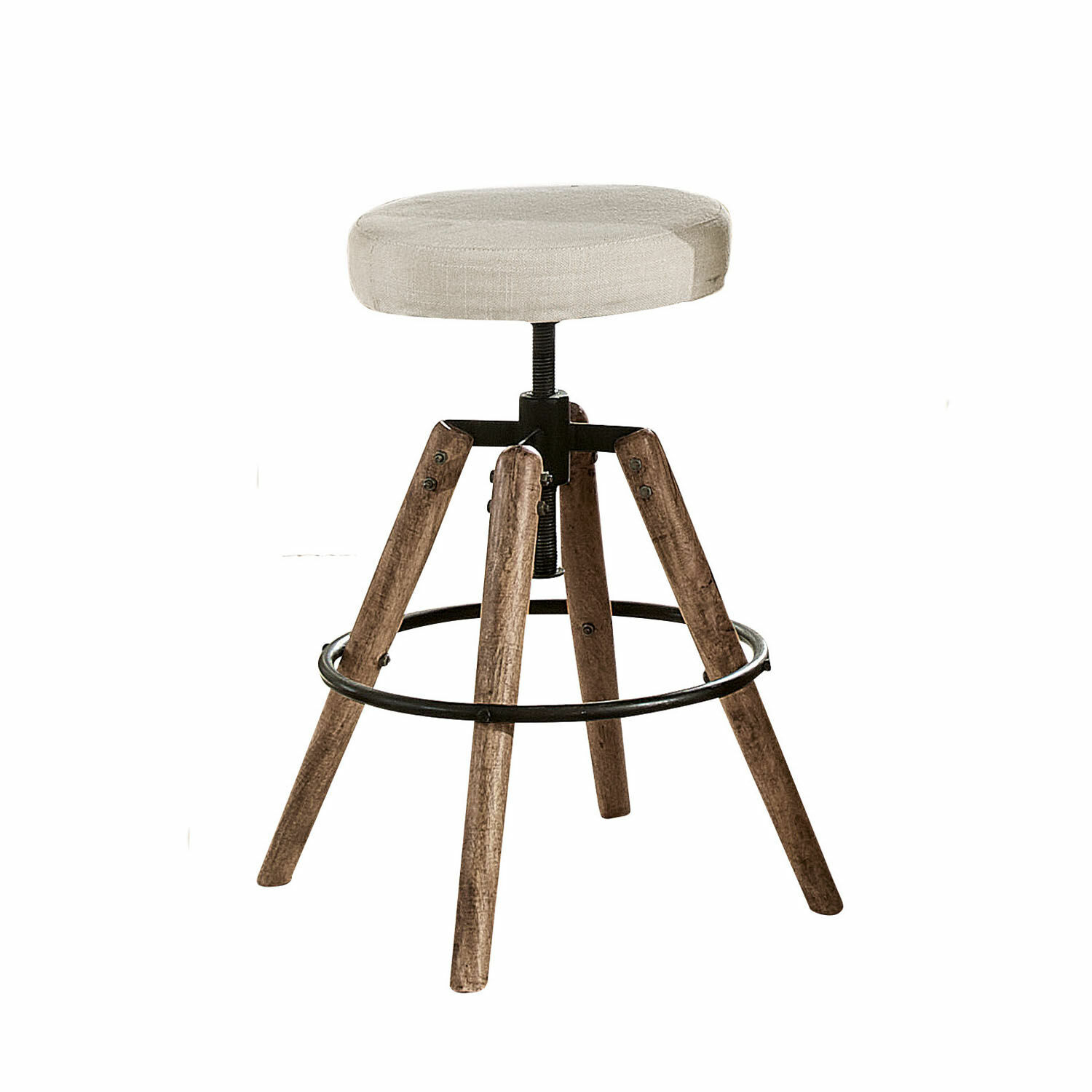 weiss/braun Hocker Twist mit braunen Holzbeinen und weiss gepolstertem Sitz, moderner Industriestil