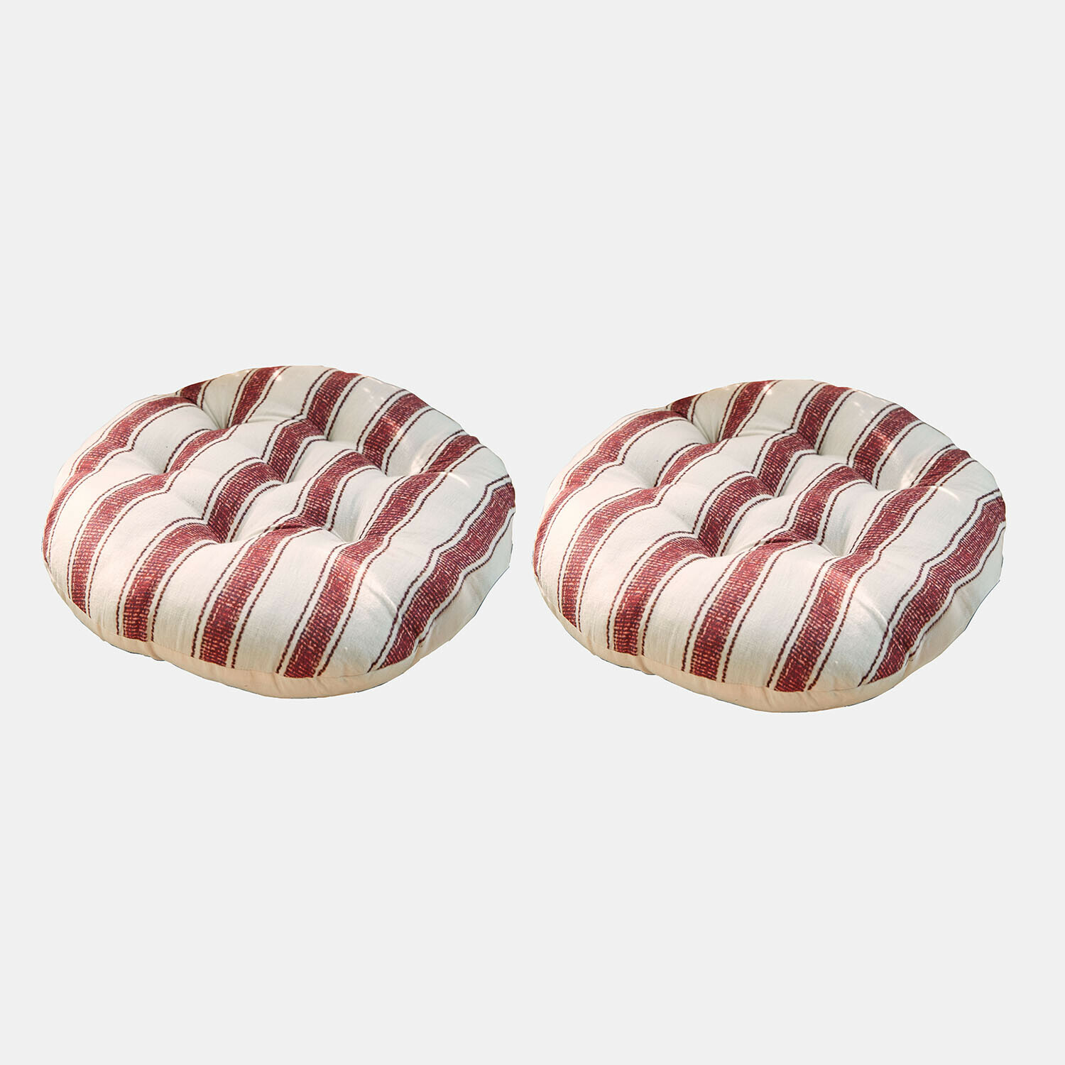 Zwei runde Baumwollkissen mit creme-roten Streifen, bequeme Sitzpolster für den Innenbereich