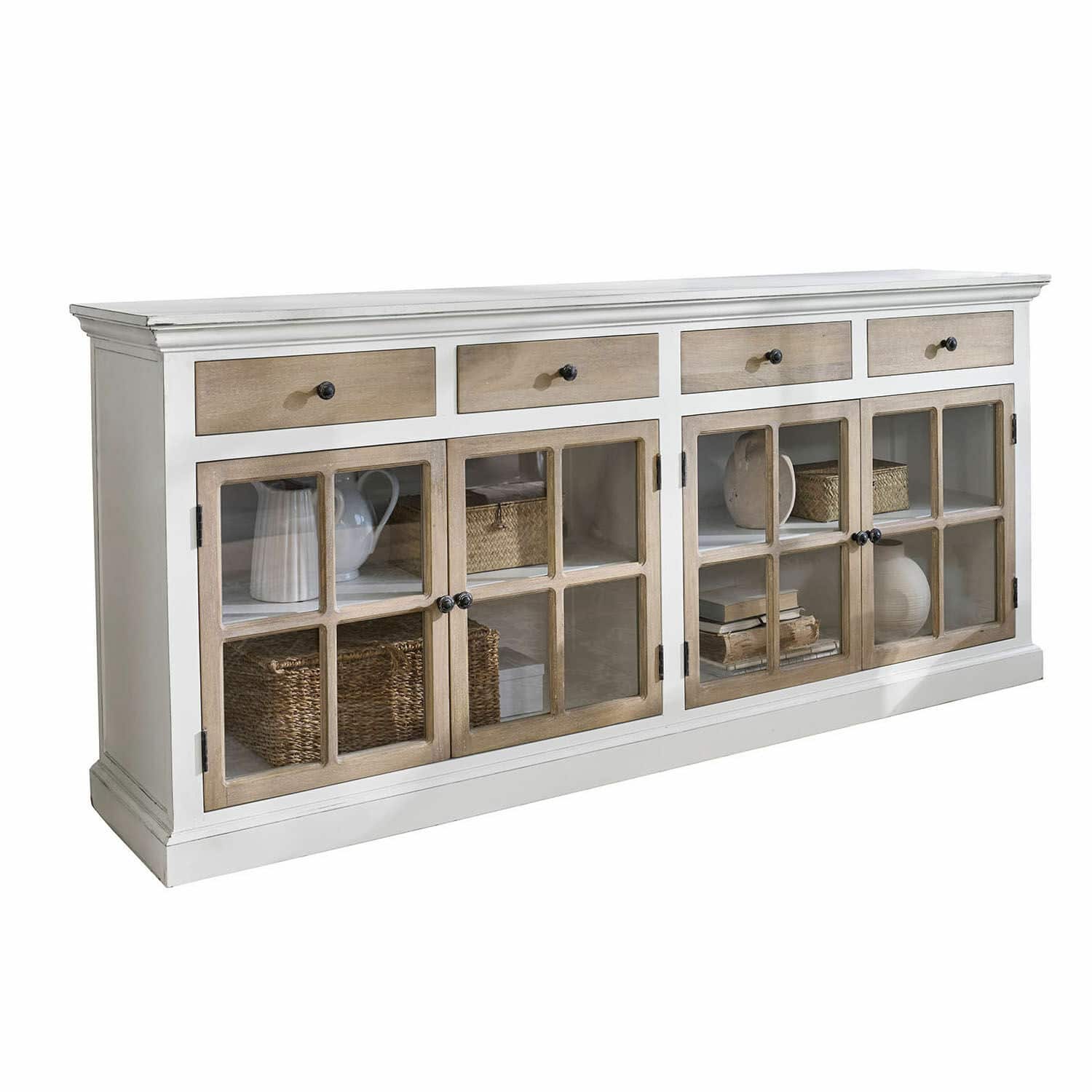 Kommode Marshwood Weisse Holzkommode mit Schubladen und Glastüren im rustikalen Landhausstil