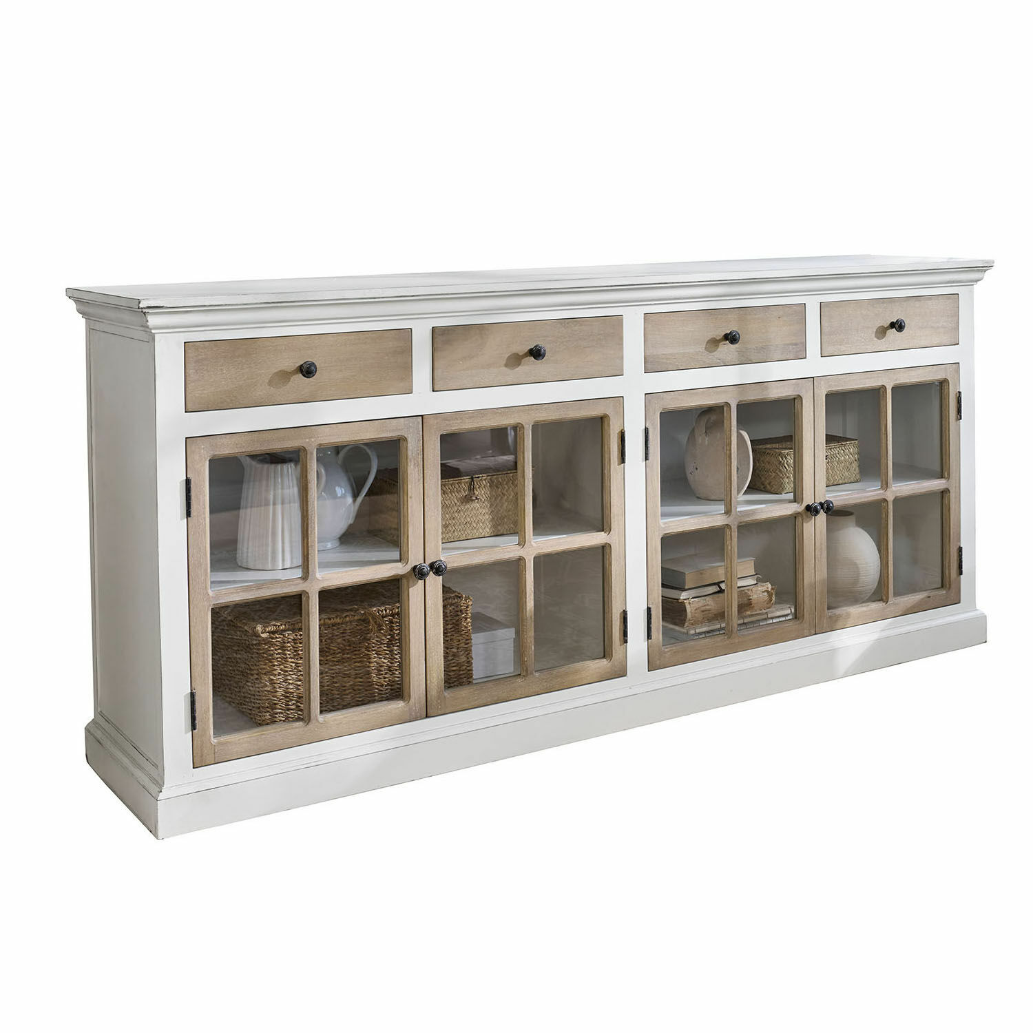 Kommode Marshwood Weisse Holzkommode mit Schubladen und Glastüren im rustikalen Landhausstil