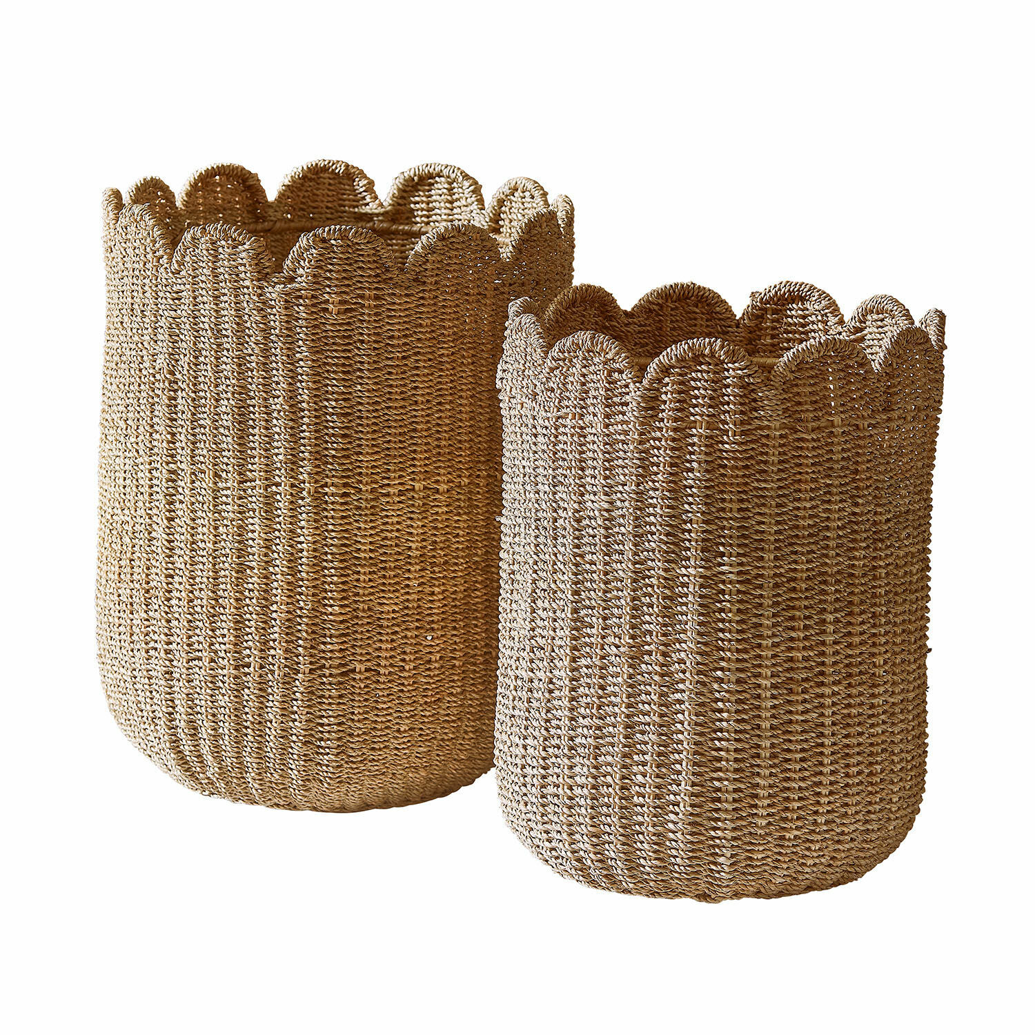 Korb 2er Set Velourette Set aus zwei Körben aus natürlichem, geflochtenem Material in Beige zur Aufbewahrung.