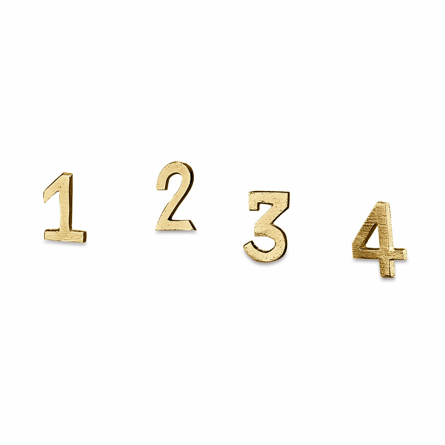 gold Set aus 4 goldfarbenen Dekonadeln in Form der Zahlen 1 bis 4 auf weissem Hintergrund
