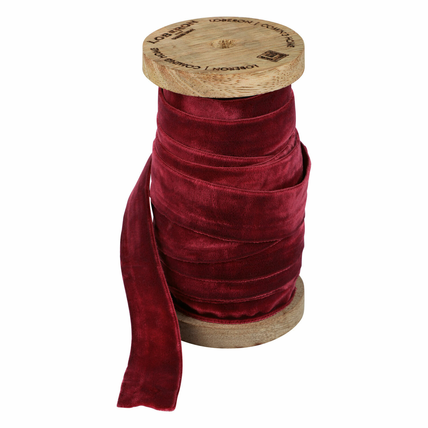 Samtband Andaris Rotes Samtband auf Holzspule gewickelt, ideal für Dekoration und Basteln.