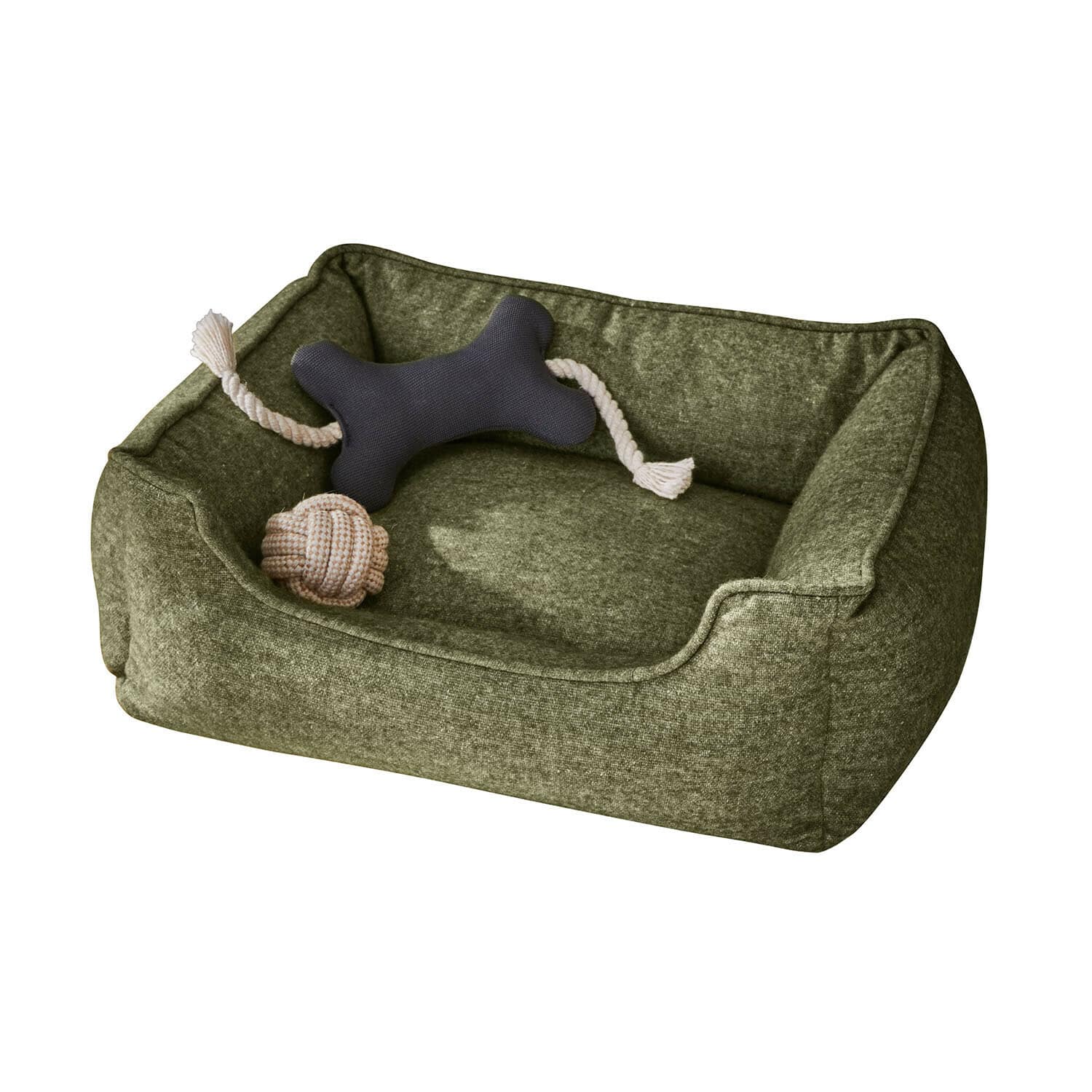 Haustierbett Eydora Grünes weiches Hundebett mit schwarzem Knochen-Spielzeug und Kauspielzeug aus Seil