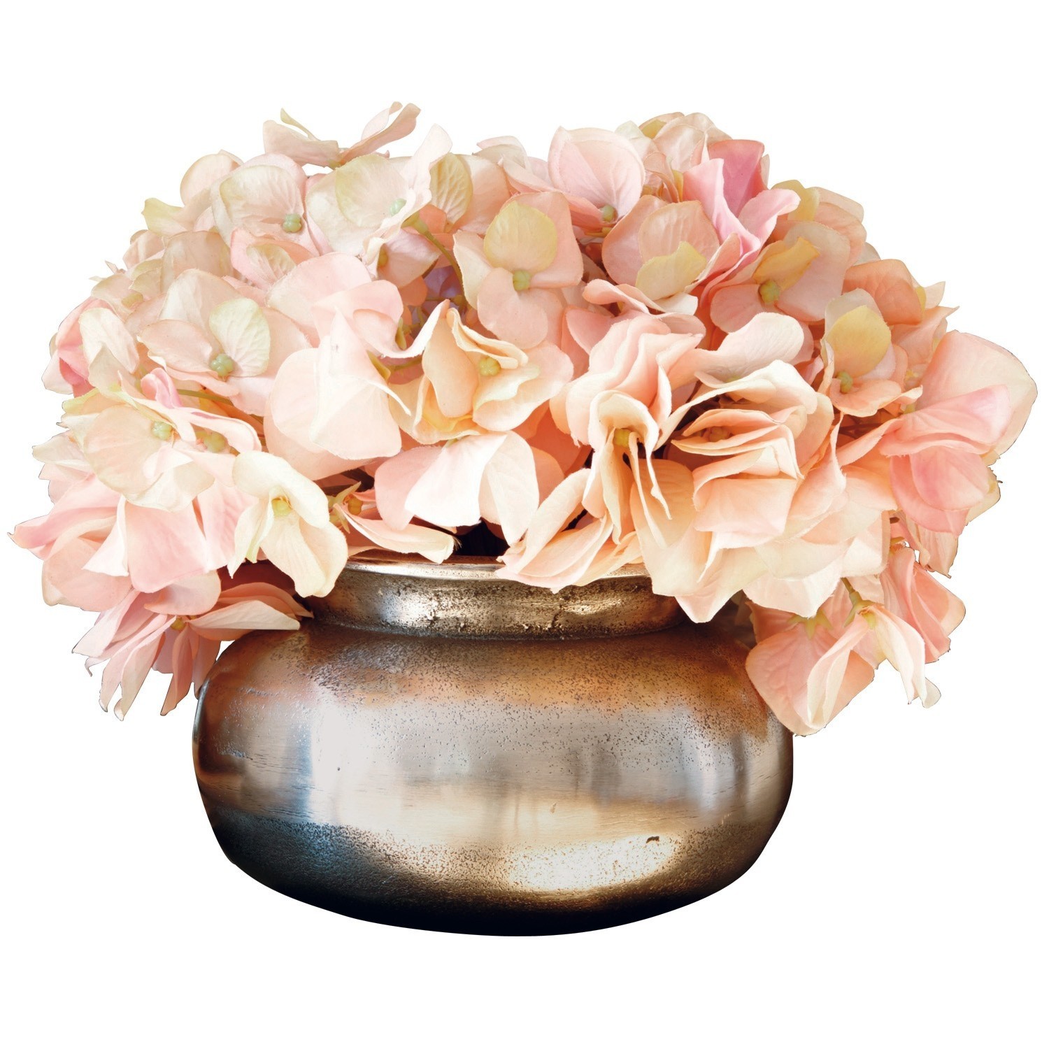 Vase Hadrien Dekorative Kupfervase mit rosa Hortensienblüten für Wohnraum und Dekoration