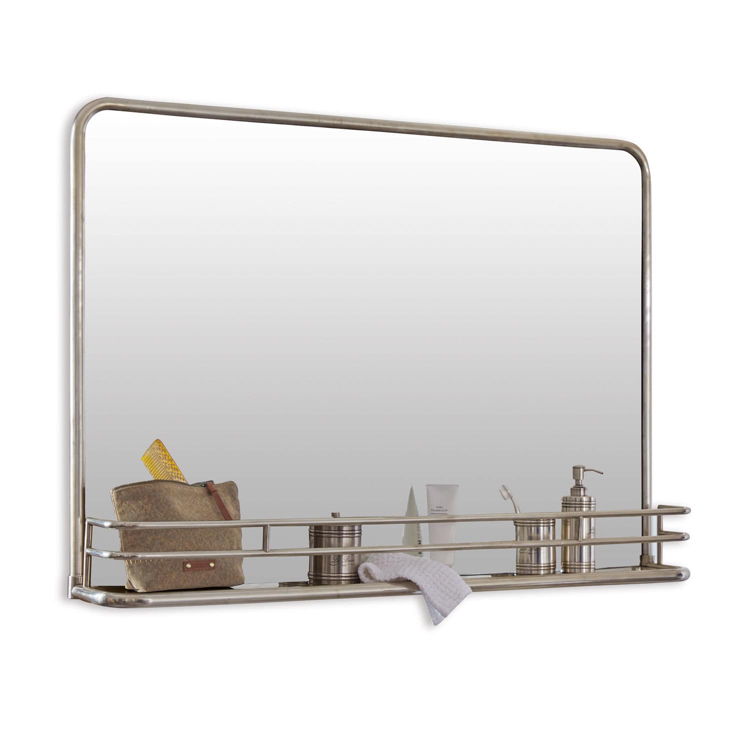 Spiegel Opoli Badezimmerspiegel mit Metallrahmen und silberner Ablage für Accessoires, modernes Design
